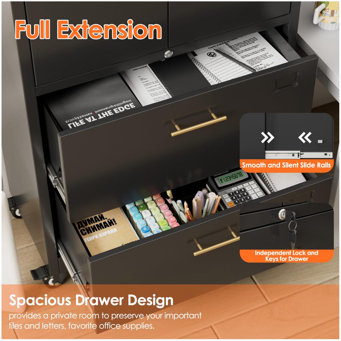 Metal 2 Drawers Lateral File Storage Cabinet and Unit Adjustable Shelf Organizer with Wheels,Black