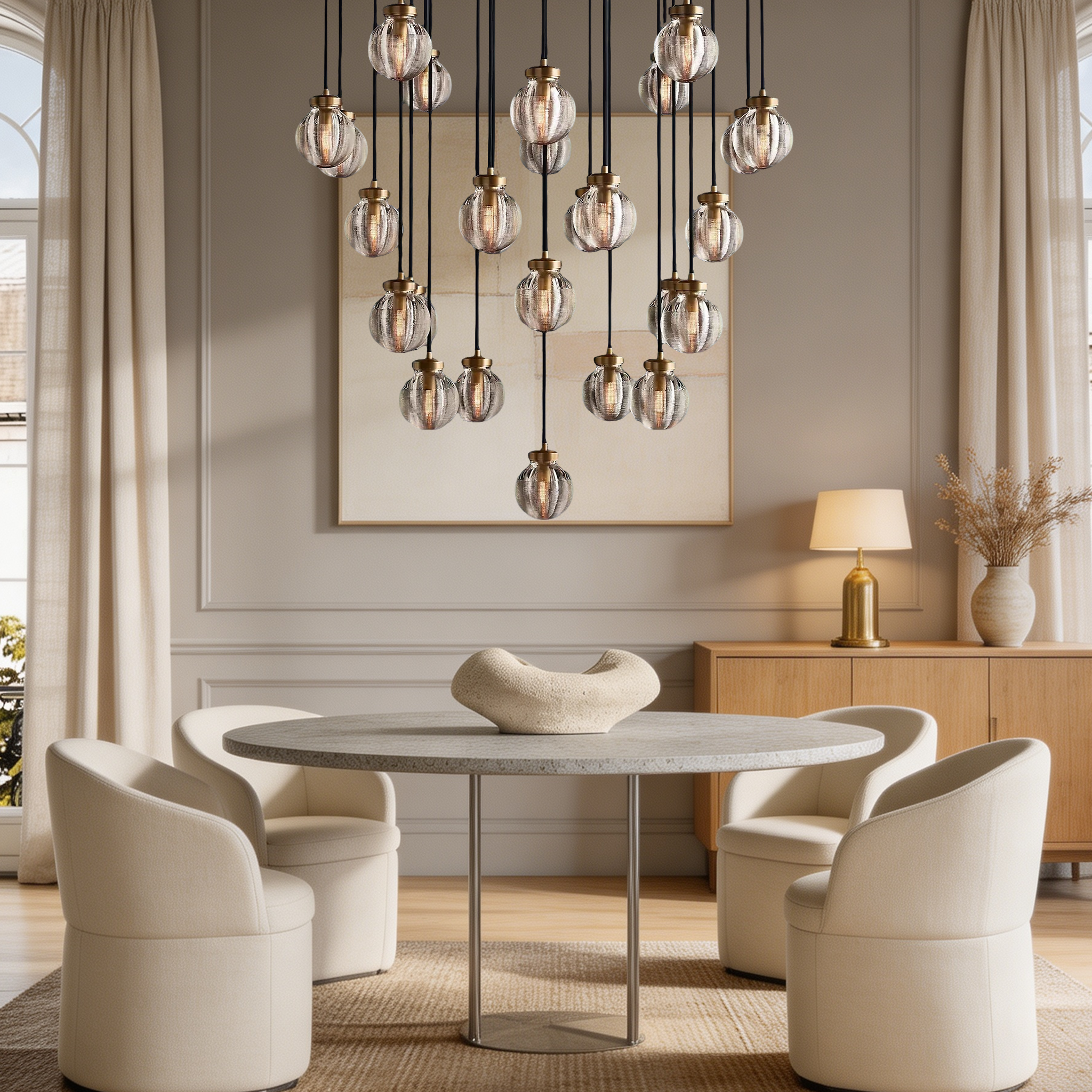 Pearl Round Chandelier Vintage Light Fixture 38"