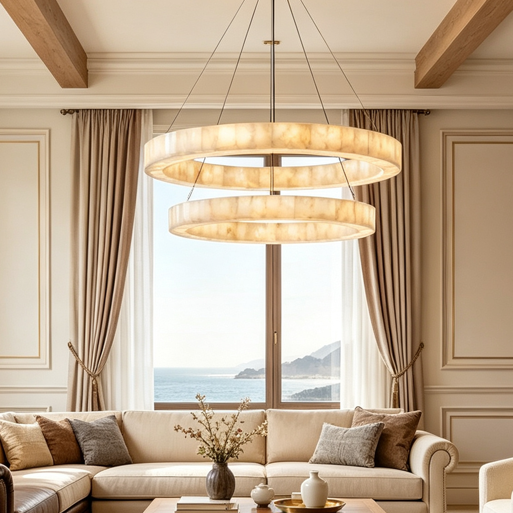 Rim 2-Tier Round Calcite Chandelier 60"