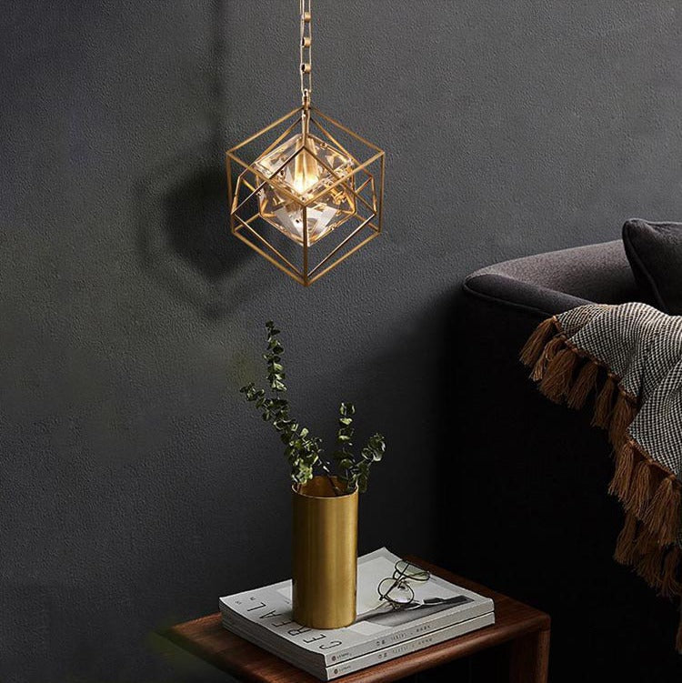 Vintage Brass Tesseract Crystal Pendant Light-konalight