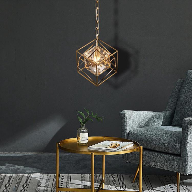 Vintage Brass Tesseract Crystal Pendant Light-konalight