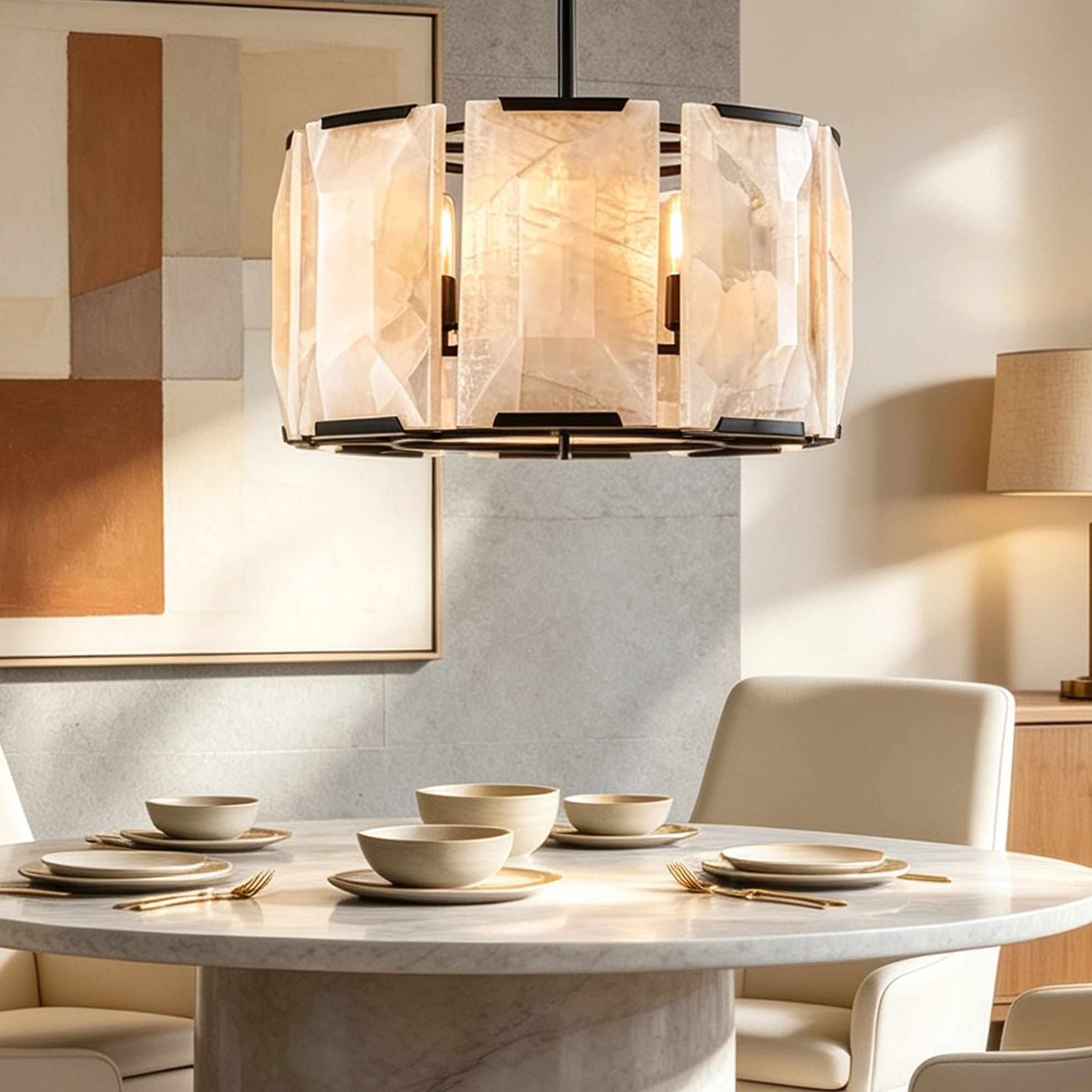 Harlow Calcite Round Chandelier D19"-lampselegant