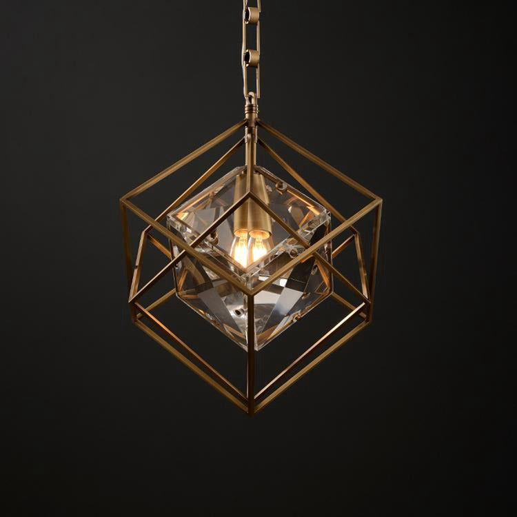 Vintage Brass Tesseract Crystal Pendant Light-konalight