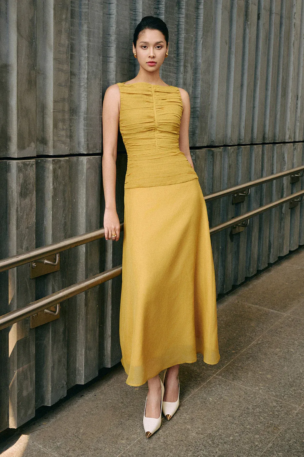 Cora A-line Cape Shoulder Floss Silk Maxi Dress