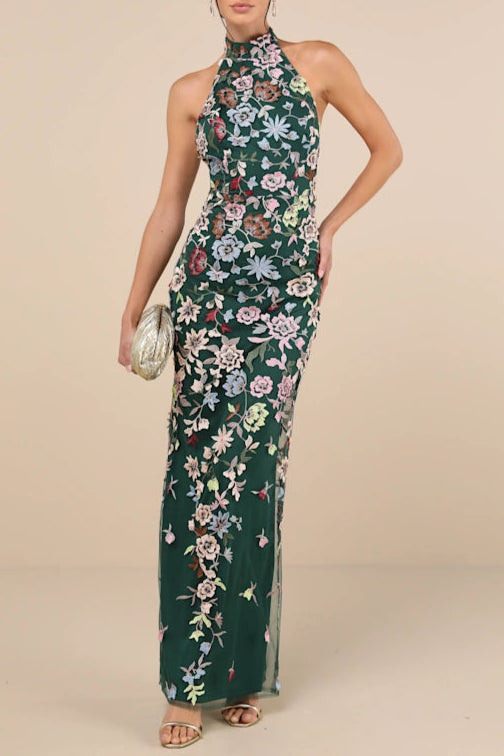 3D Floral Embroidered Halter Maxi Dress in Emerald
