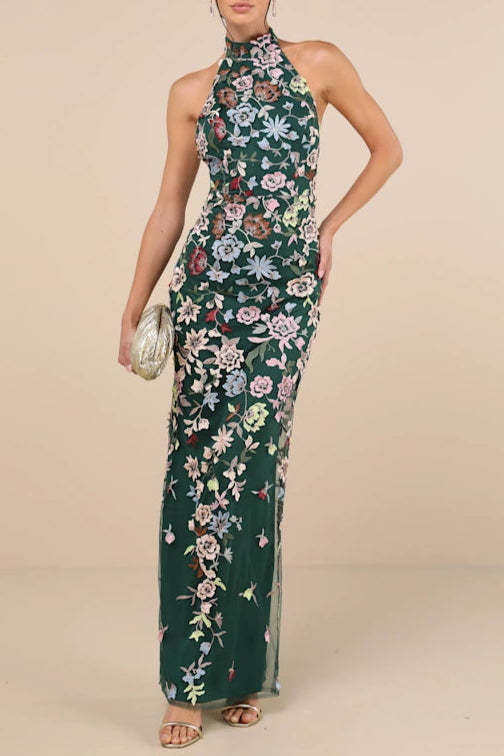 3D Floral Embroidered Halter Maxi Dress in Emerald