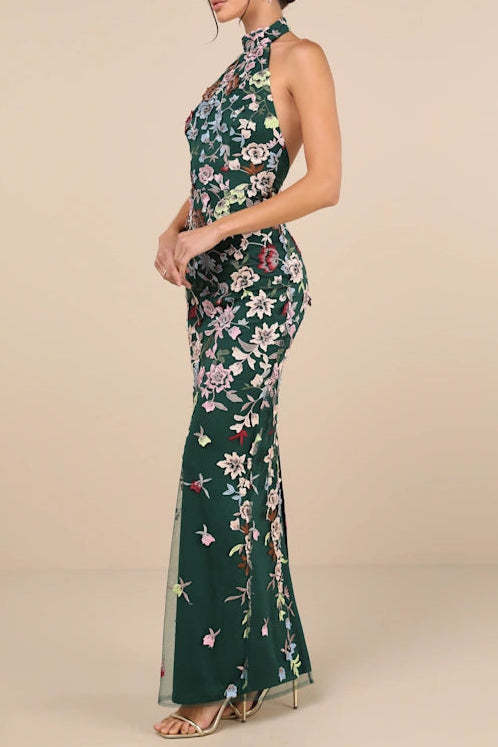 3D Floral Embroidered Halter Maxi Dress in Emerald