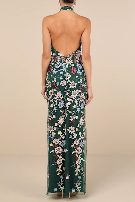 3D Floral Embroidered Halter Maxi Dress in Emerald