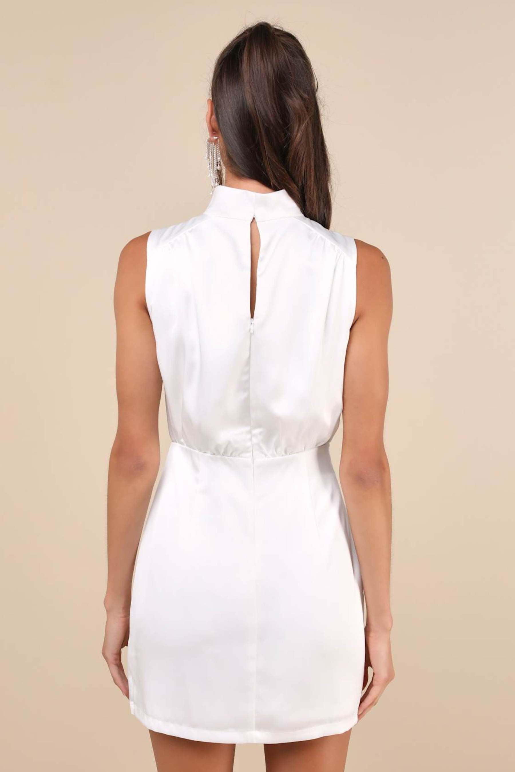 White Satin Sleeveless Mock Neck Mini Dress