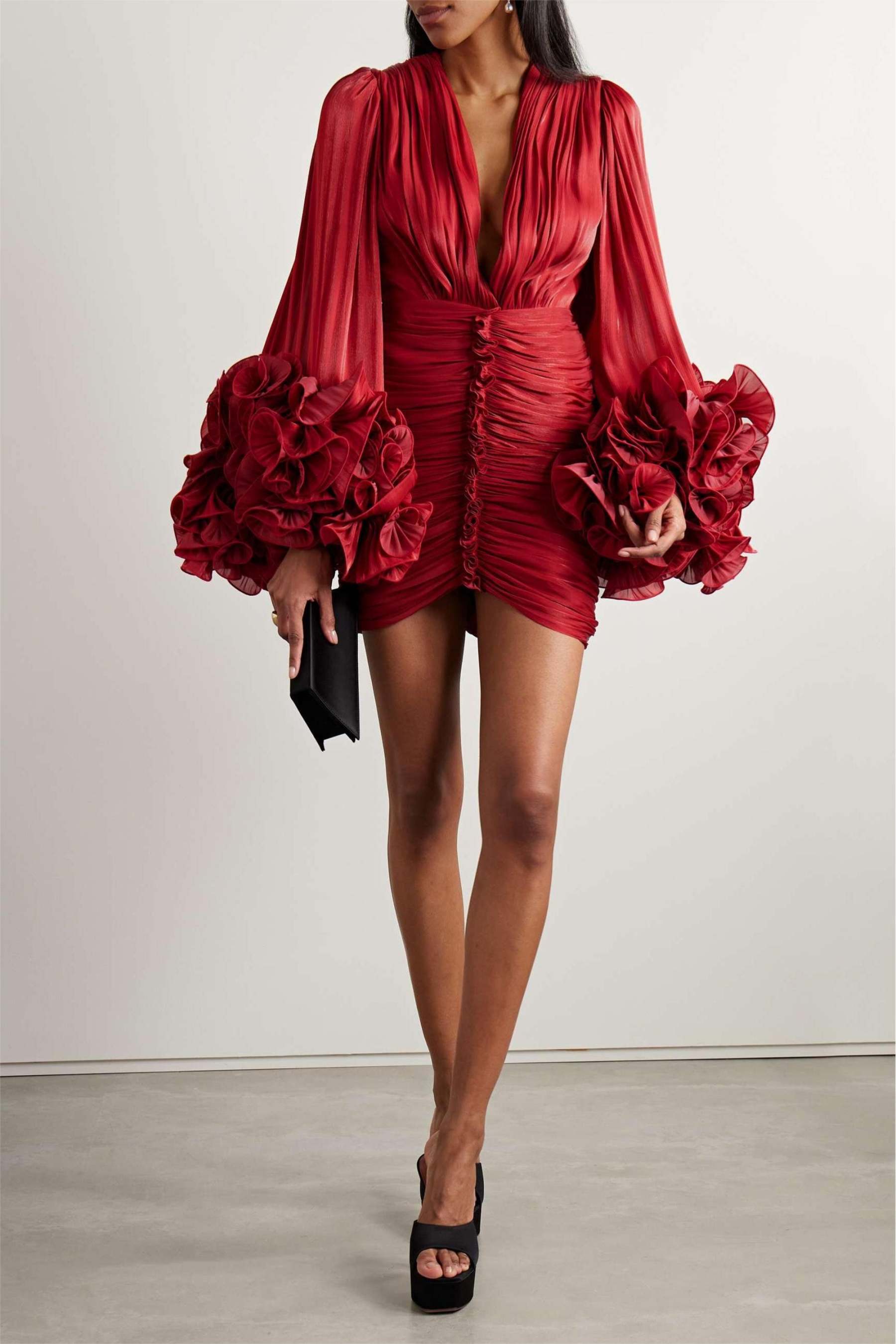 3D Flower Gathering V-Neck Mini Dress