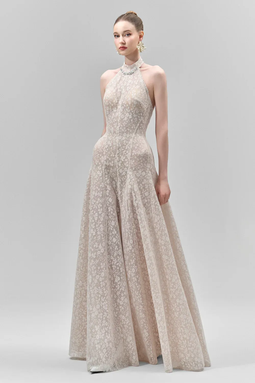 Aurelia A-line Halter Neck Lace Floor Length Dress