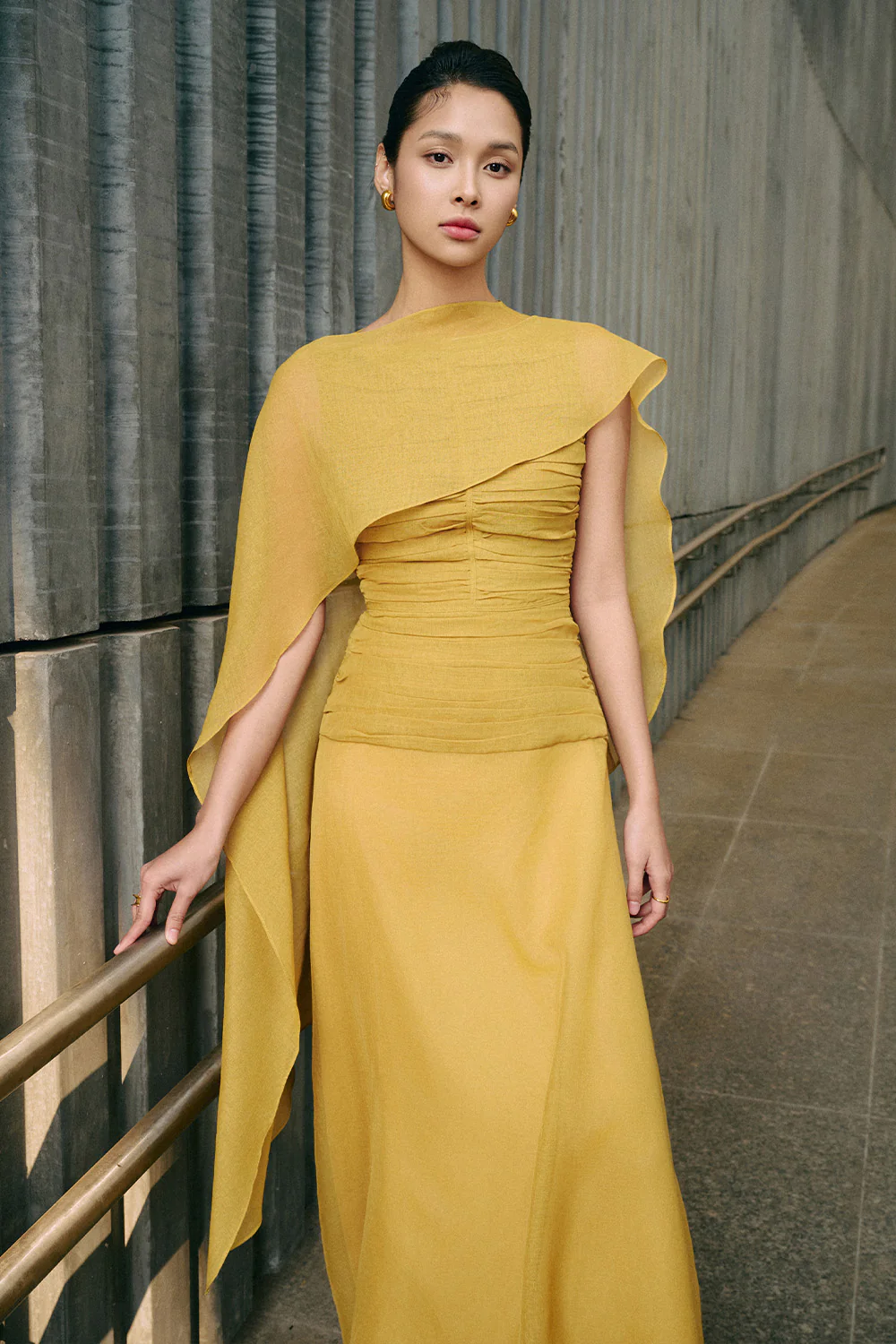 Cora A-line Cape Shoulder Floss Silk Maxi Dress