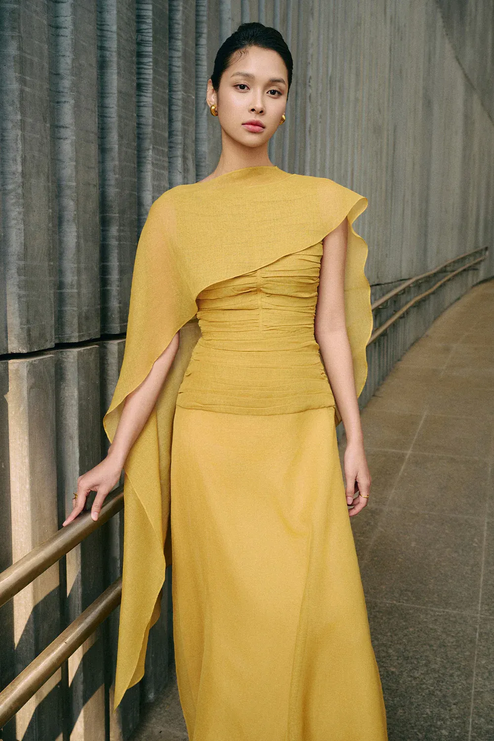 Cora A-line Cape Shoulder Floss Silk Maxi Dress