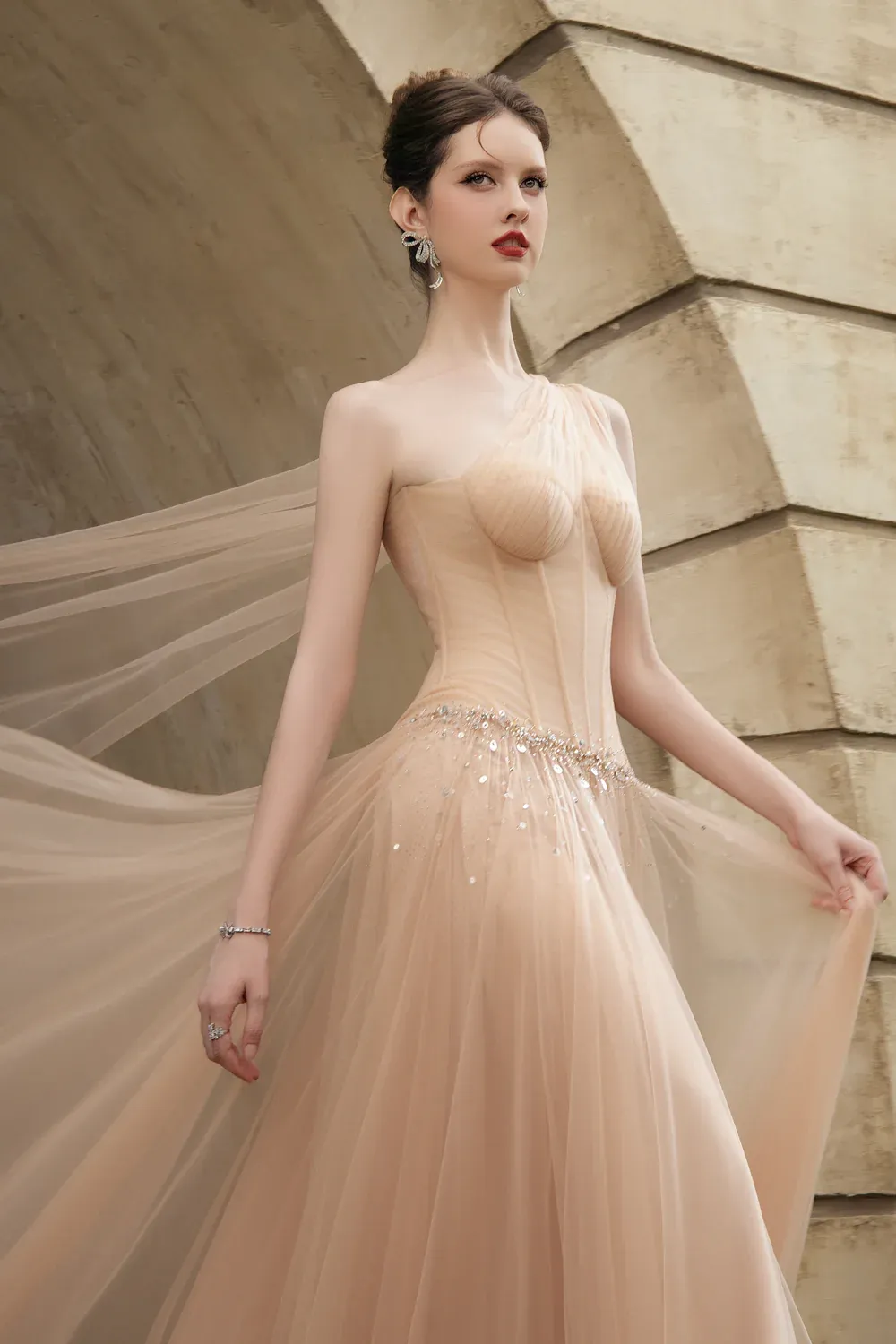 Roselith A-line One Shoulder Tulle Maxi Dress