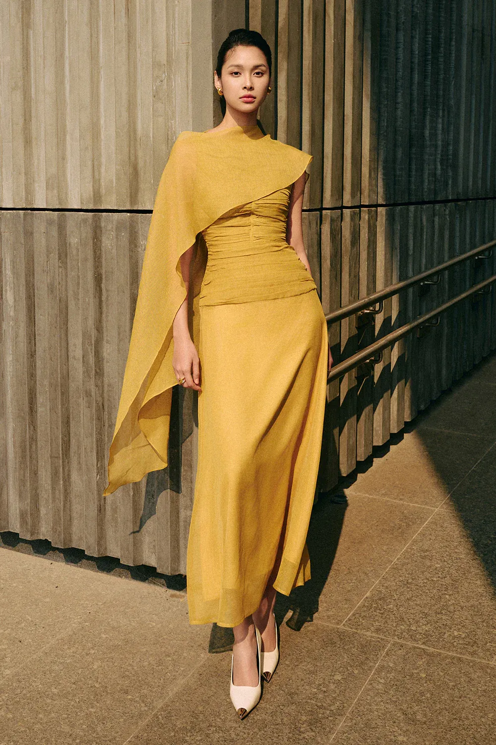 Cora A-line Cape Shoulder Floss Silk Maxi Dress