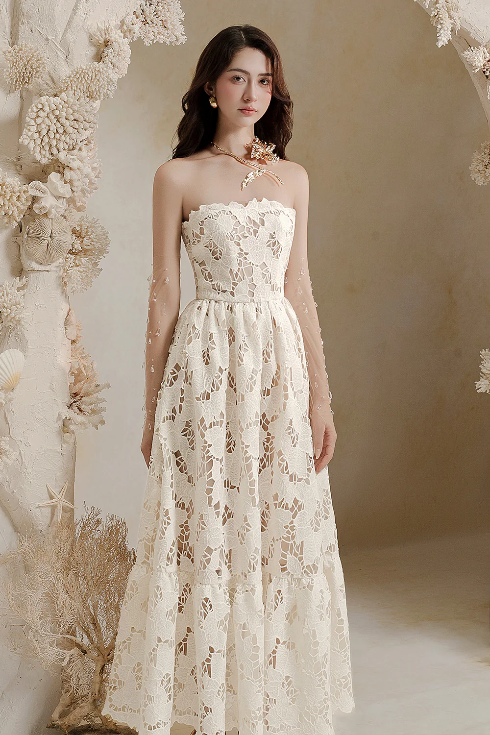 Amy A-line Straight Across Neck Lace Ankle Length Dress