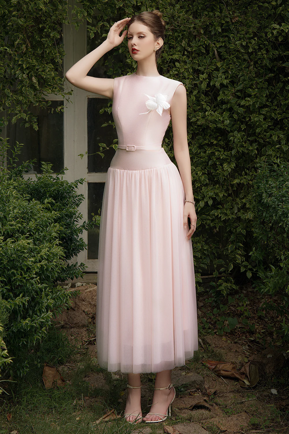 Amorette A-line Round Neck Taffeta Maxi Dress