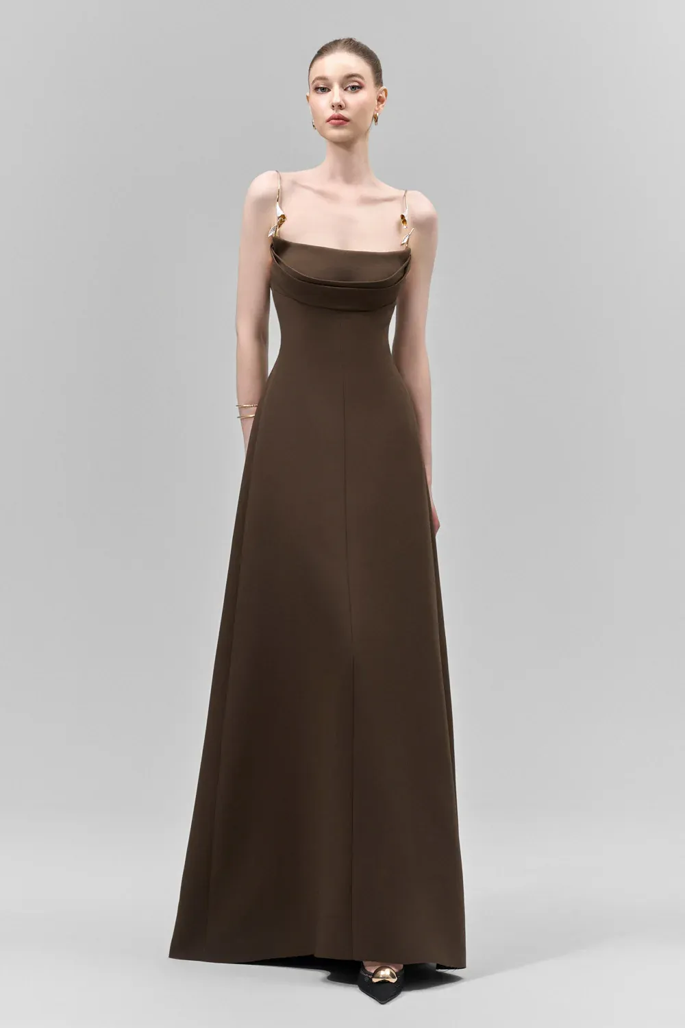 Lirien A-line Cowl Neck Crepe Floor Length Dress