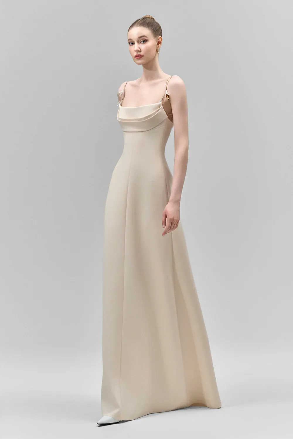 Lirien A-line Cowl Neck Crepe Floor Length Dress