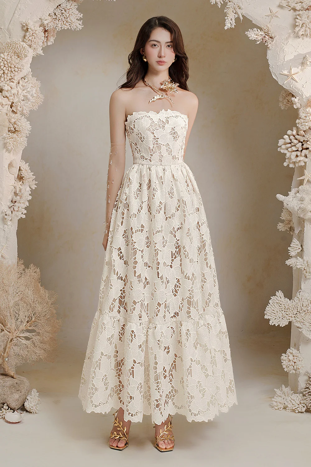 Amy A-line Straight Across Neck Lace Ankle Length Dress