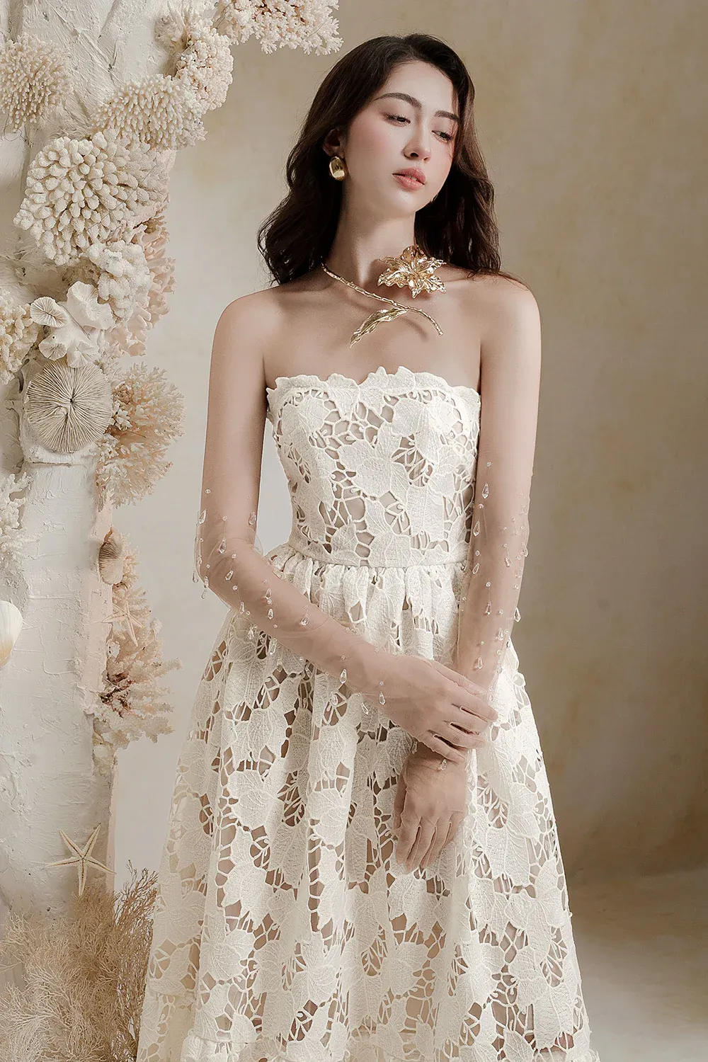 Amy A-line Straight Across Neck Lace Ankle Length Dress