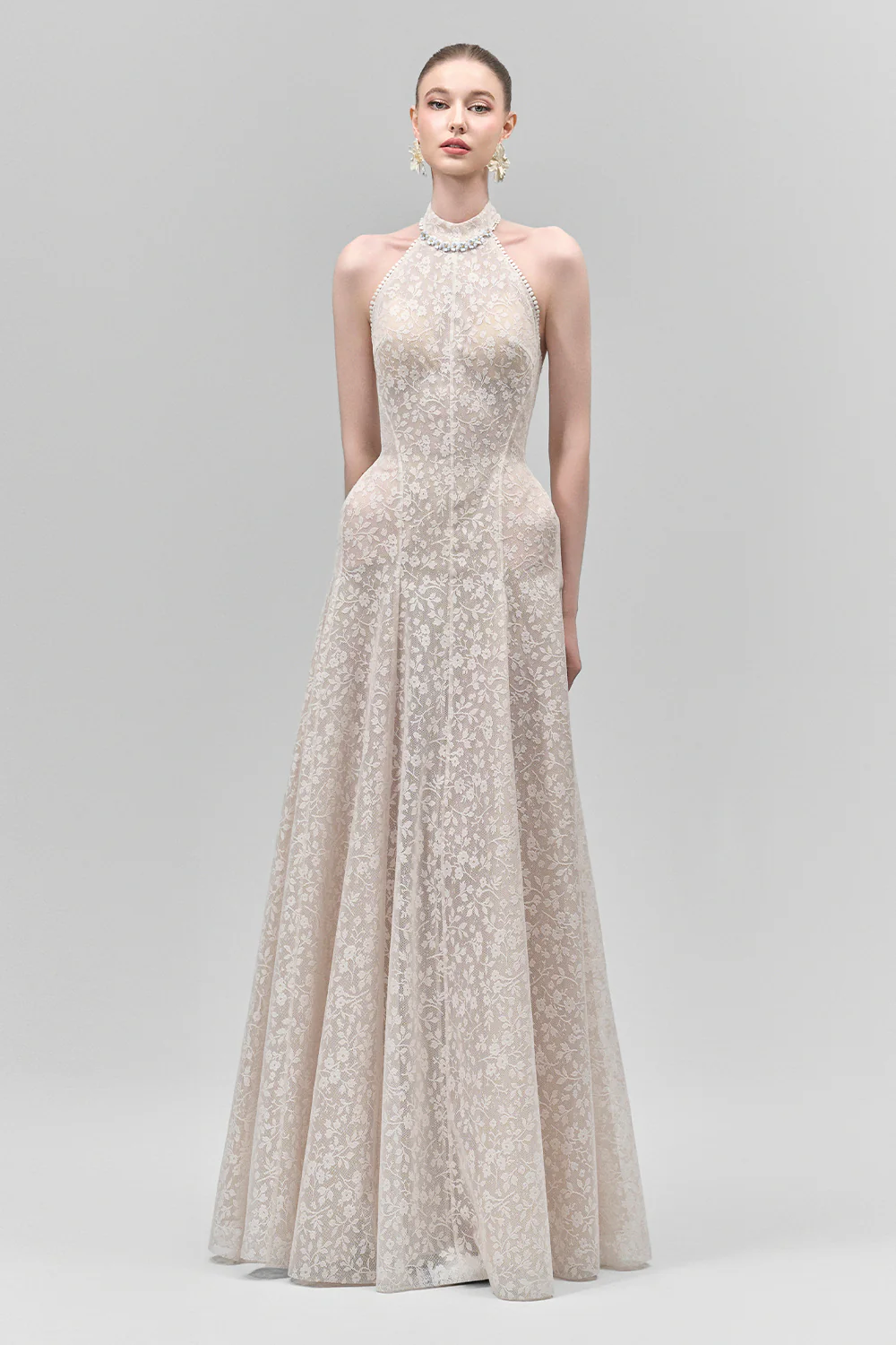 Aurelia A-line Halter Neck Lace Floor Length Dress