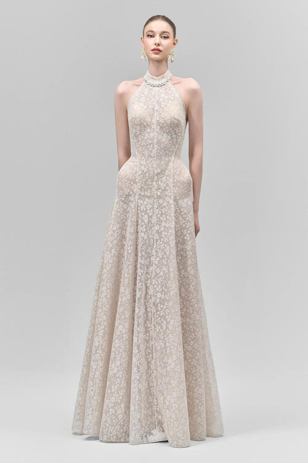 Aurelia A-line Halter Neck Lace Floor Length Dress