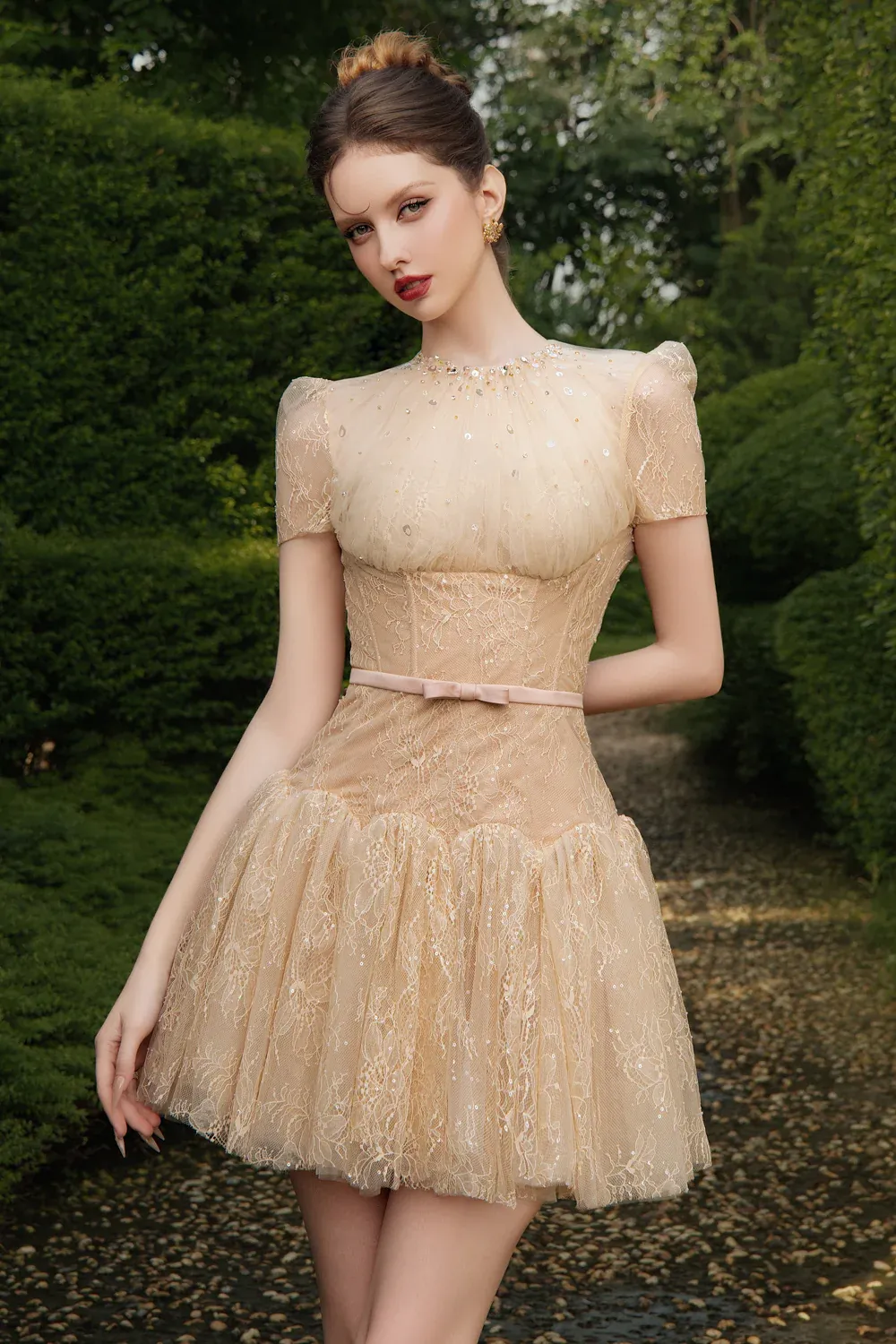 Sabine A-line Puffy Sleeved Chantilly Lace Mini Dress