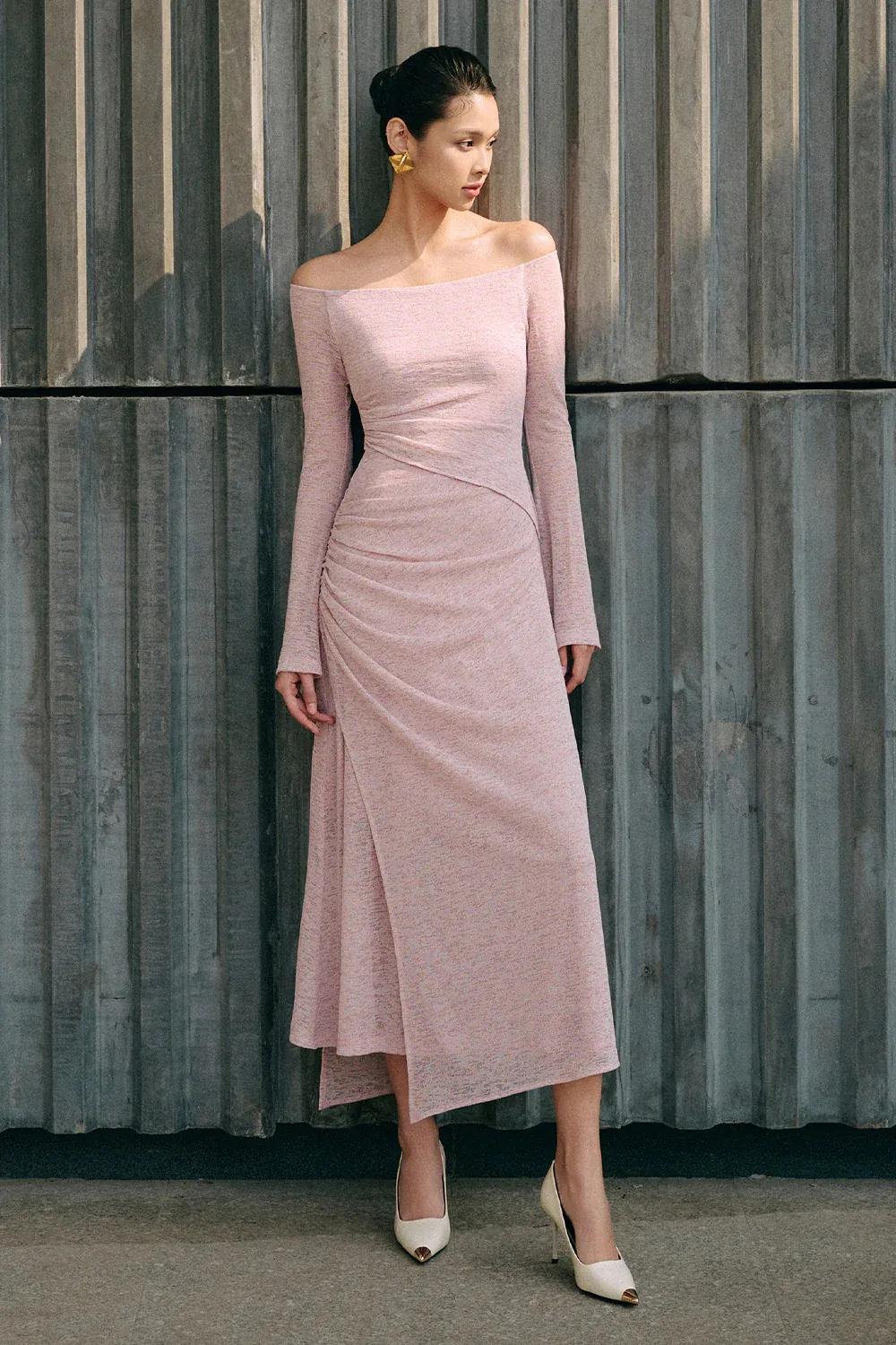 Blossom A-line Off-Shoulder Spandex Midi Dress