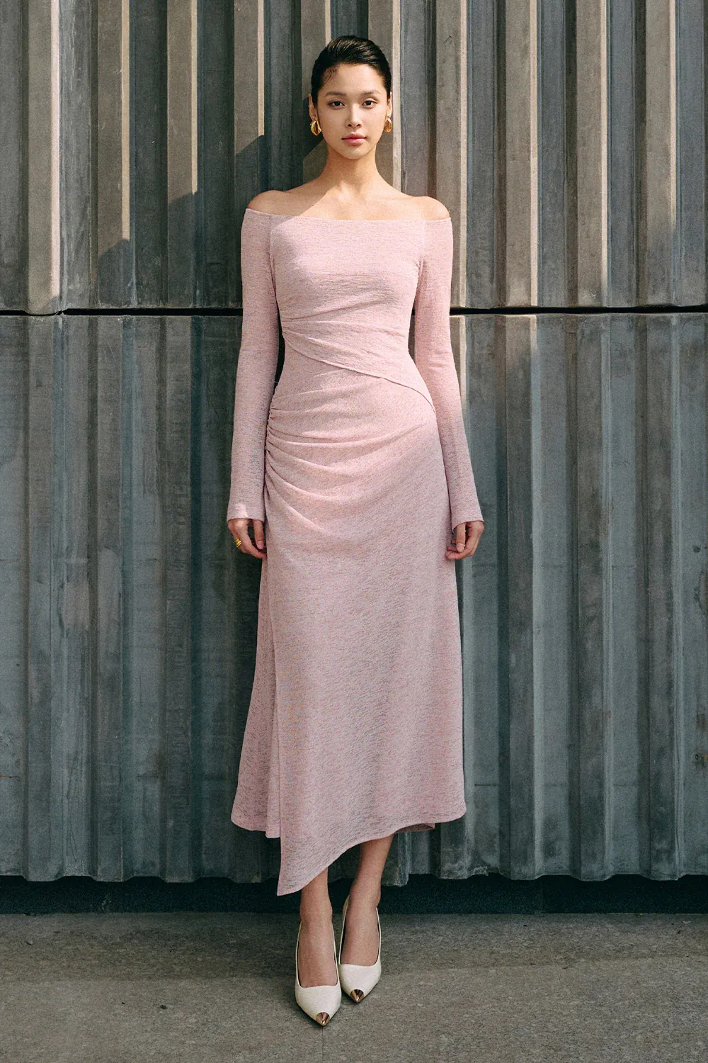 Blossom A-line Off-Shoulder Spandex Midi Dress