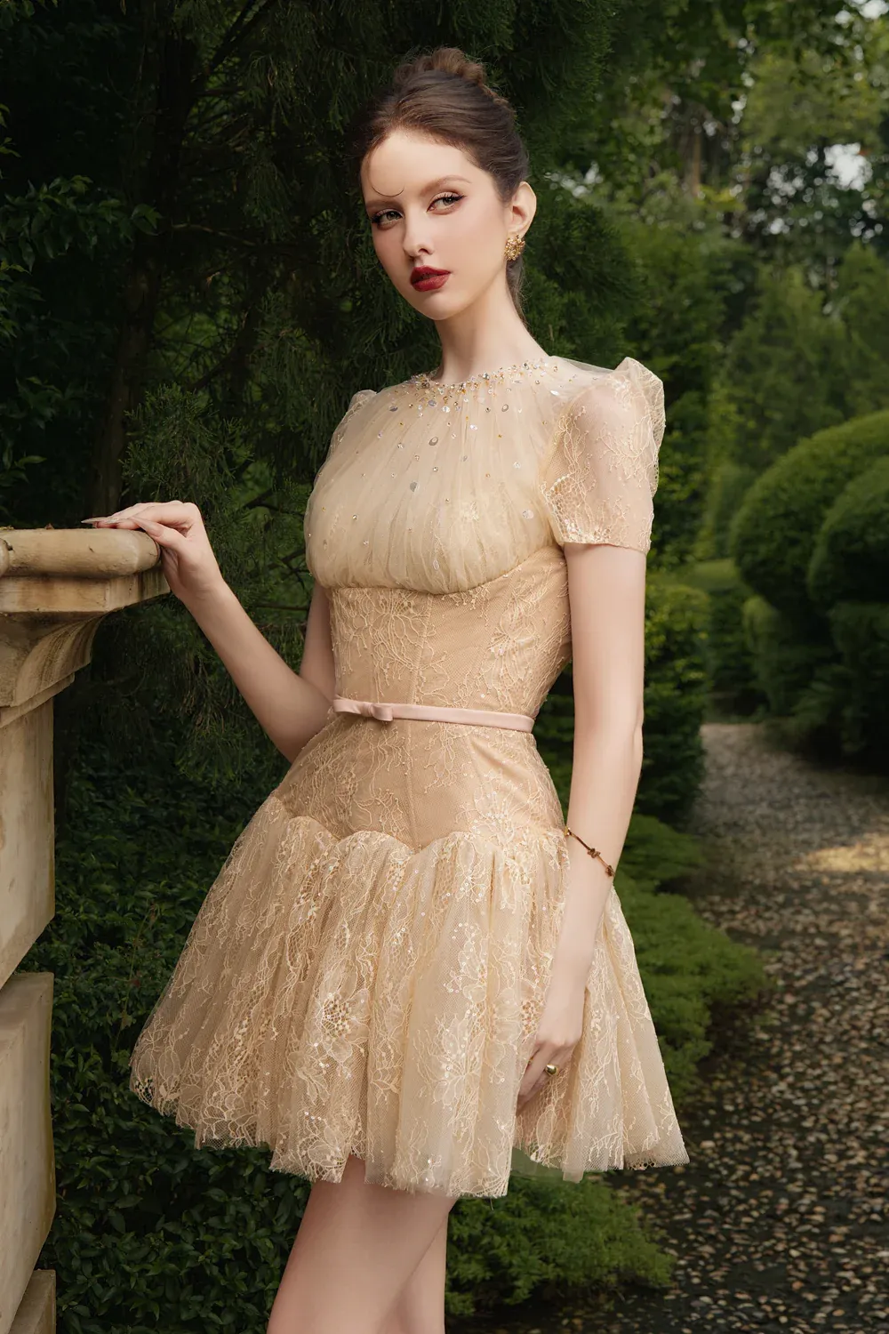 Sabine A-line Puffy Sleeved Chantilly Lace Mini Dress