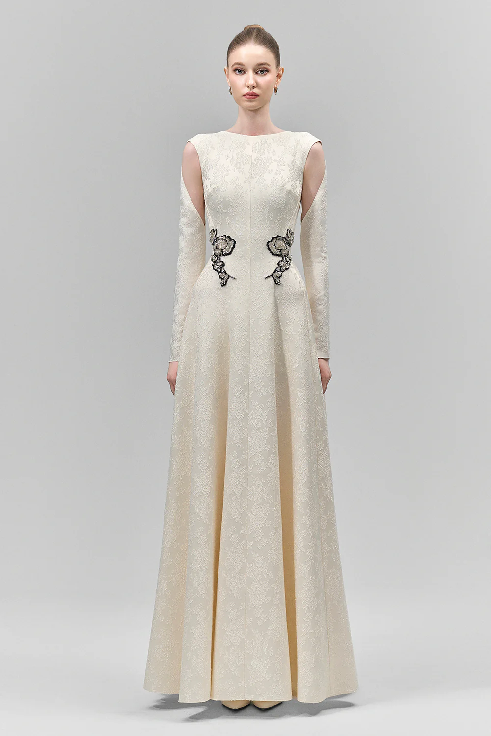 Velithia A-line Boat Neck Lace Floor Length Dress