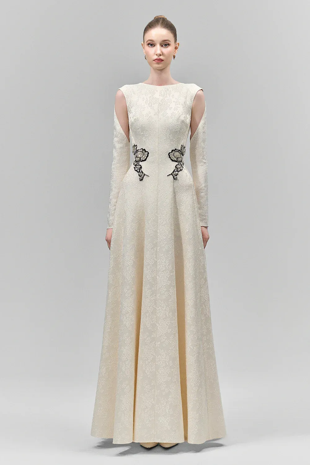 Velithia A-line Boat Neck Lace Floor Length Dress