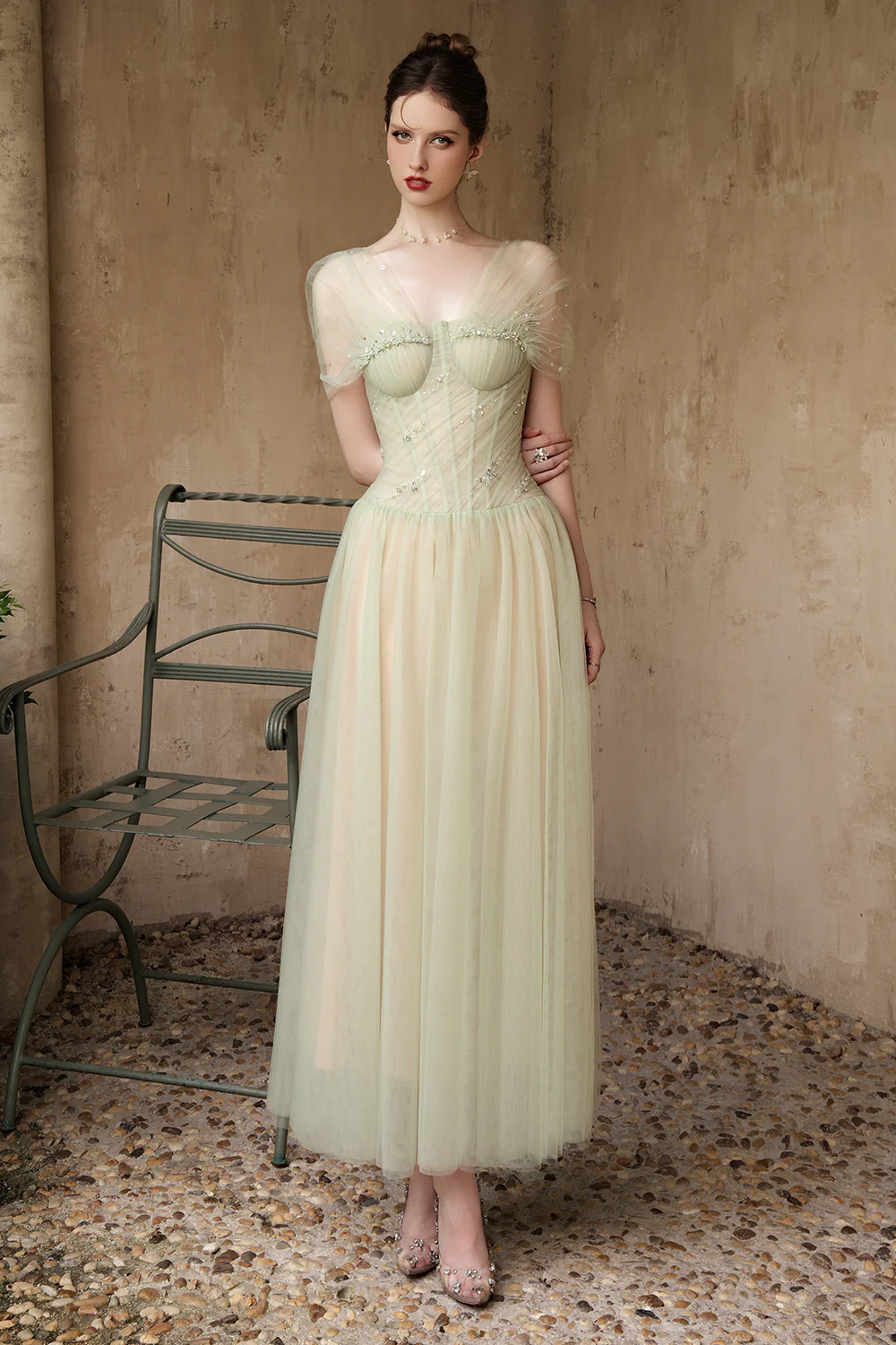 Mirelle A-line Stone Tulle Maxi Dress