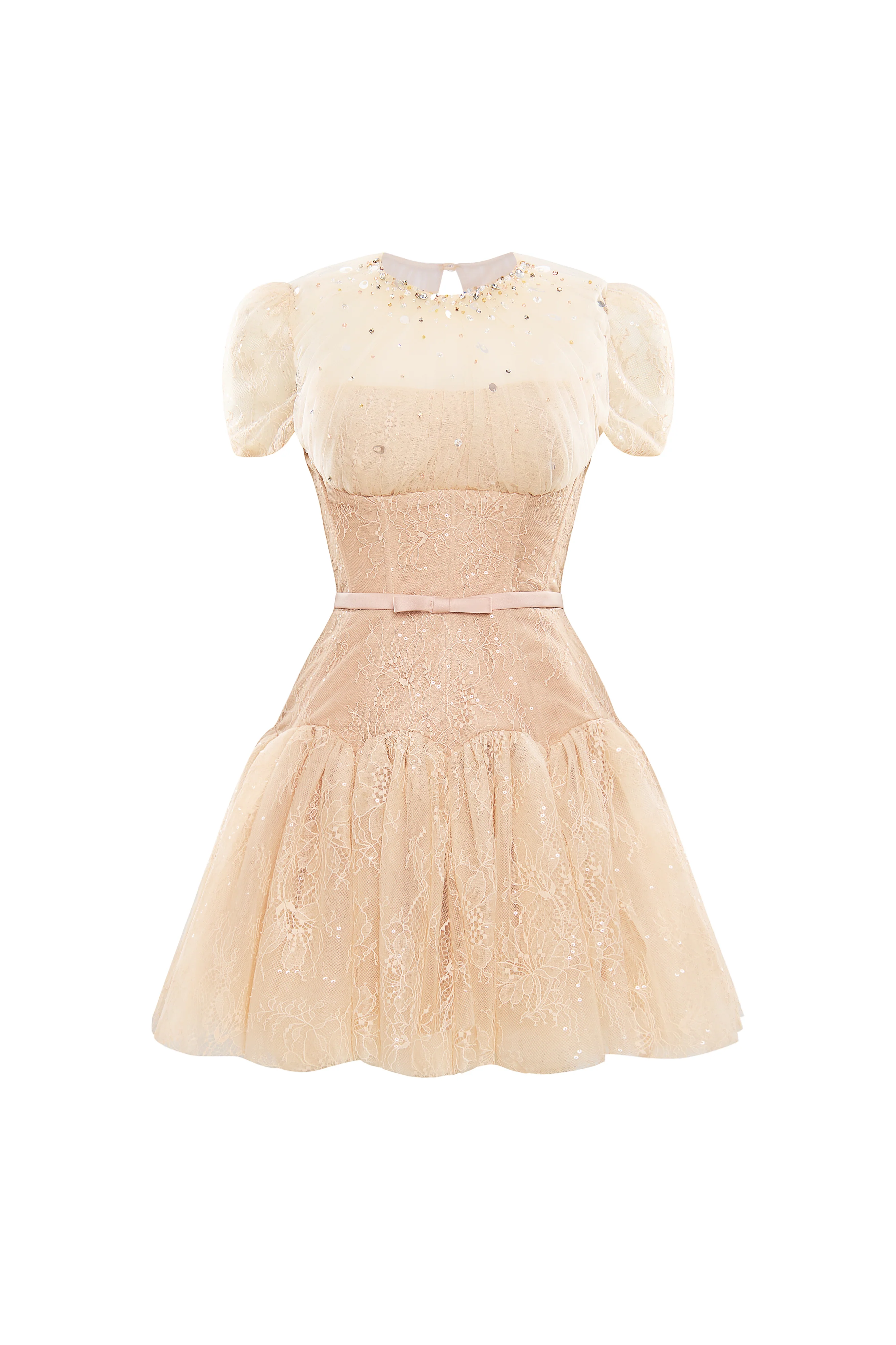 Sabine A-line Puffy Sleeved Chantilly Lace Mini Dress