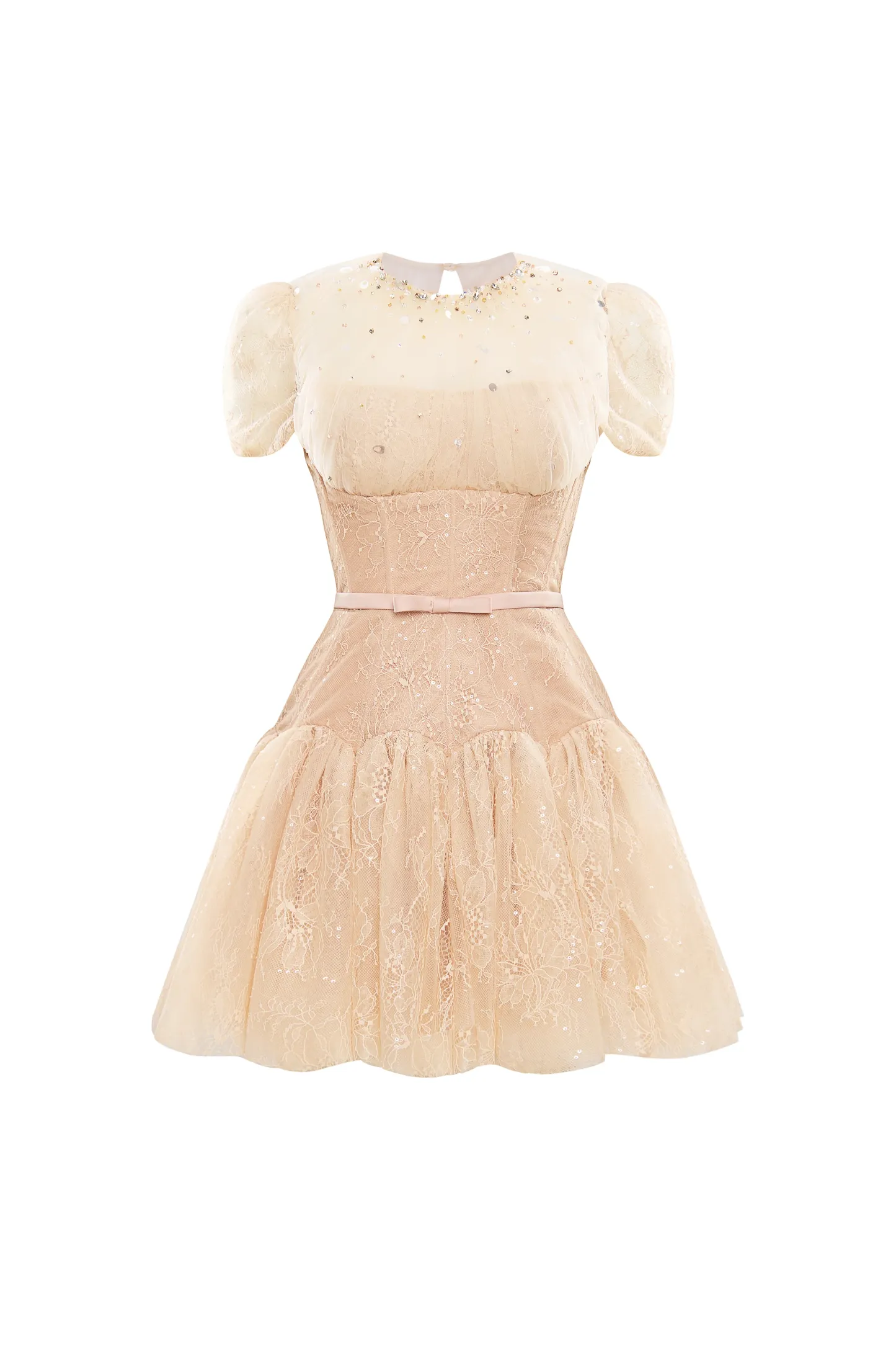 Sabine A-line Puffy Sleeved Chantilly Lace Mini Dress