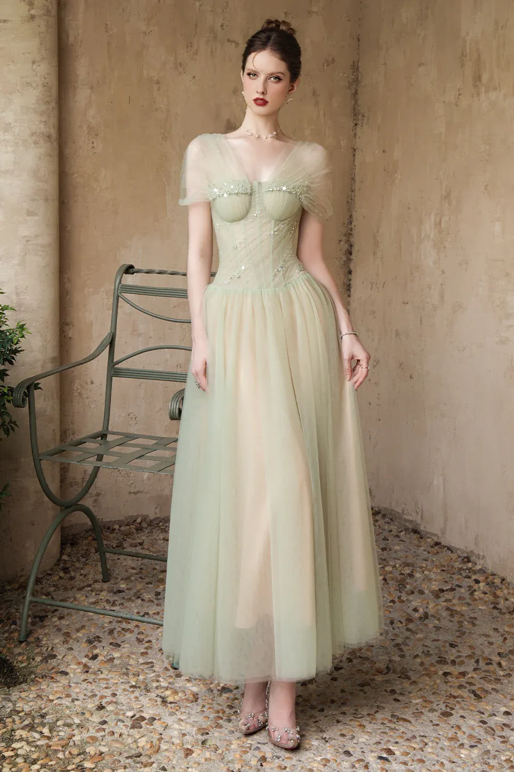 Mirelle A-line Stone Tulle Maxi Dress