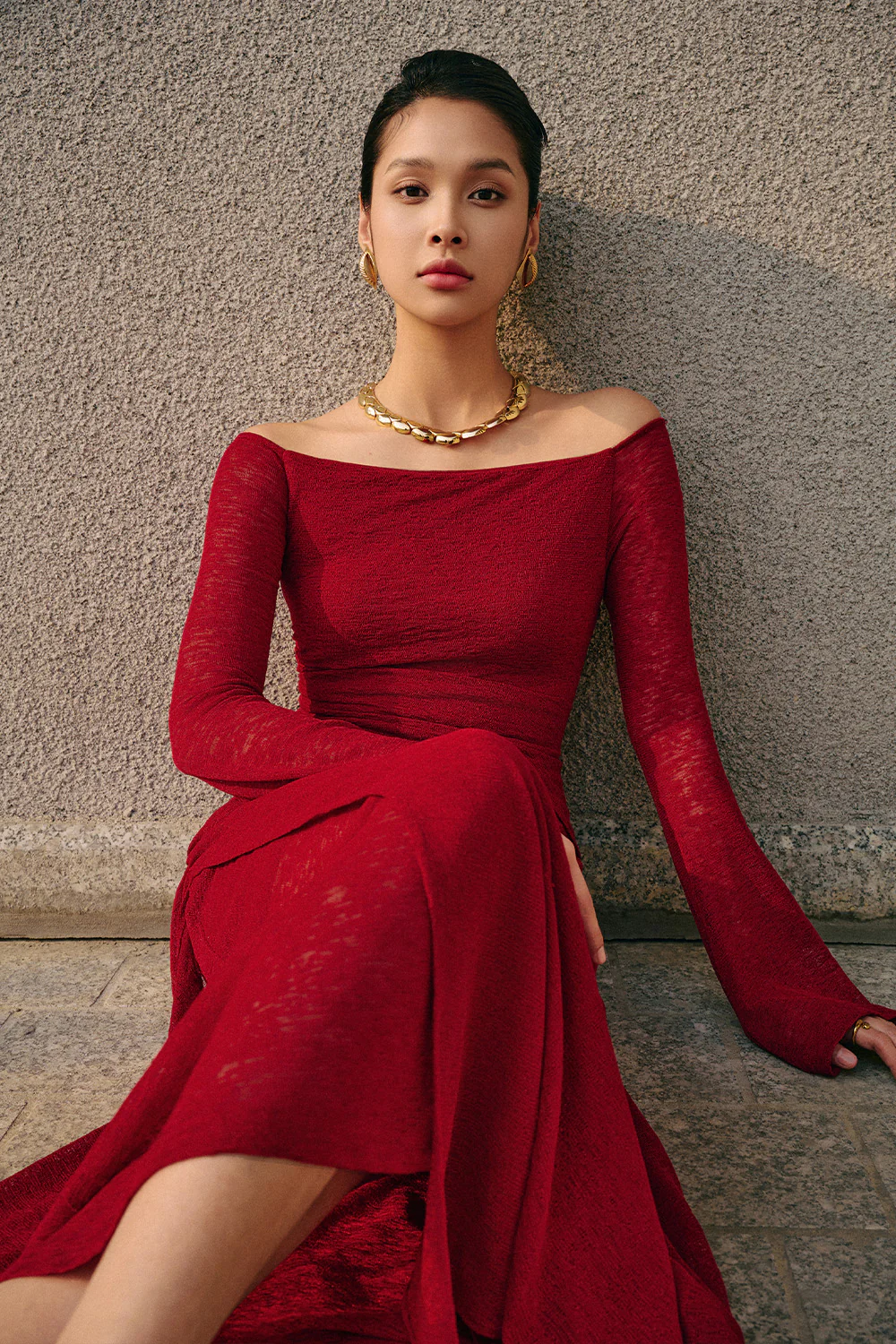 Blossom A-line Off-Shoulder Spandex Midi Dress