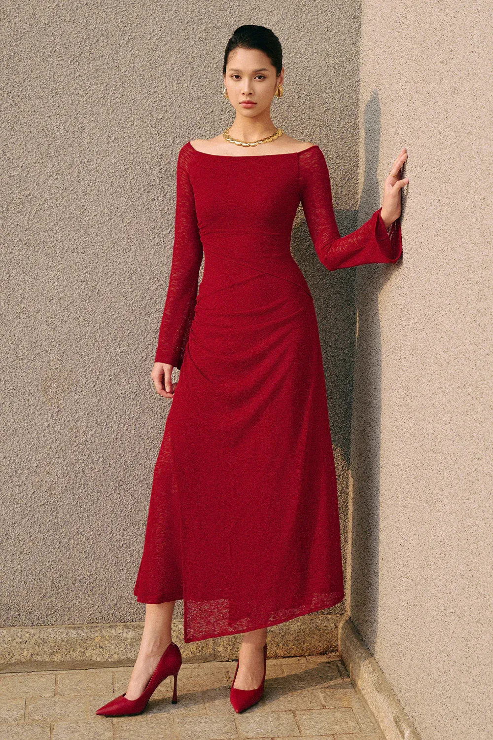 Blossom A-line Off-Shoulder Spandex Midi Dress