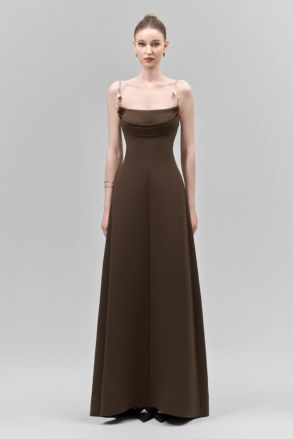 Lirien A-line Cowl Neck Crepe Floor Length Dress