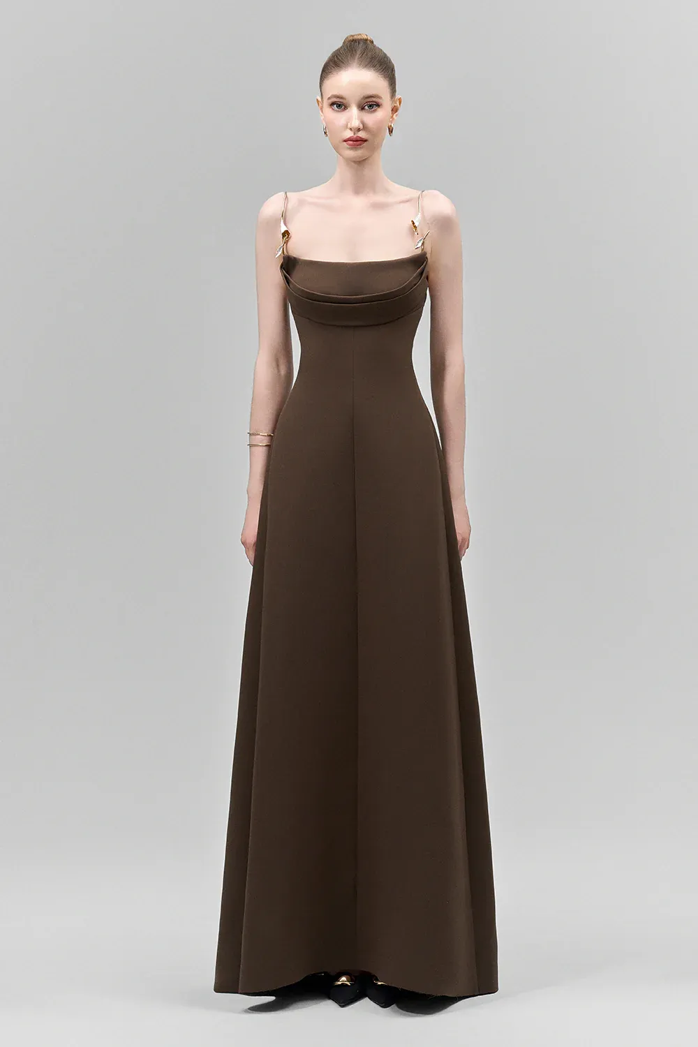 Lirien A-line Cowl Neck Crepe Floor Length Dress