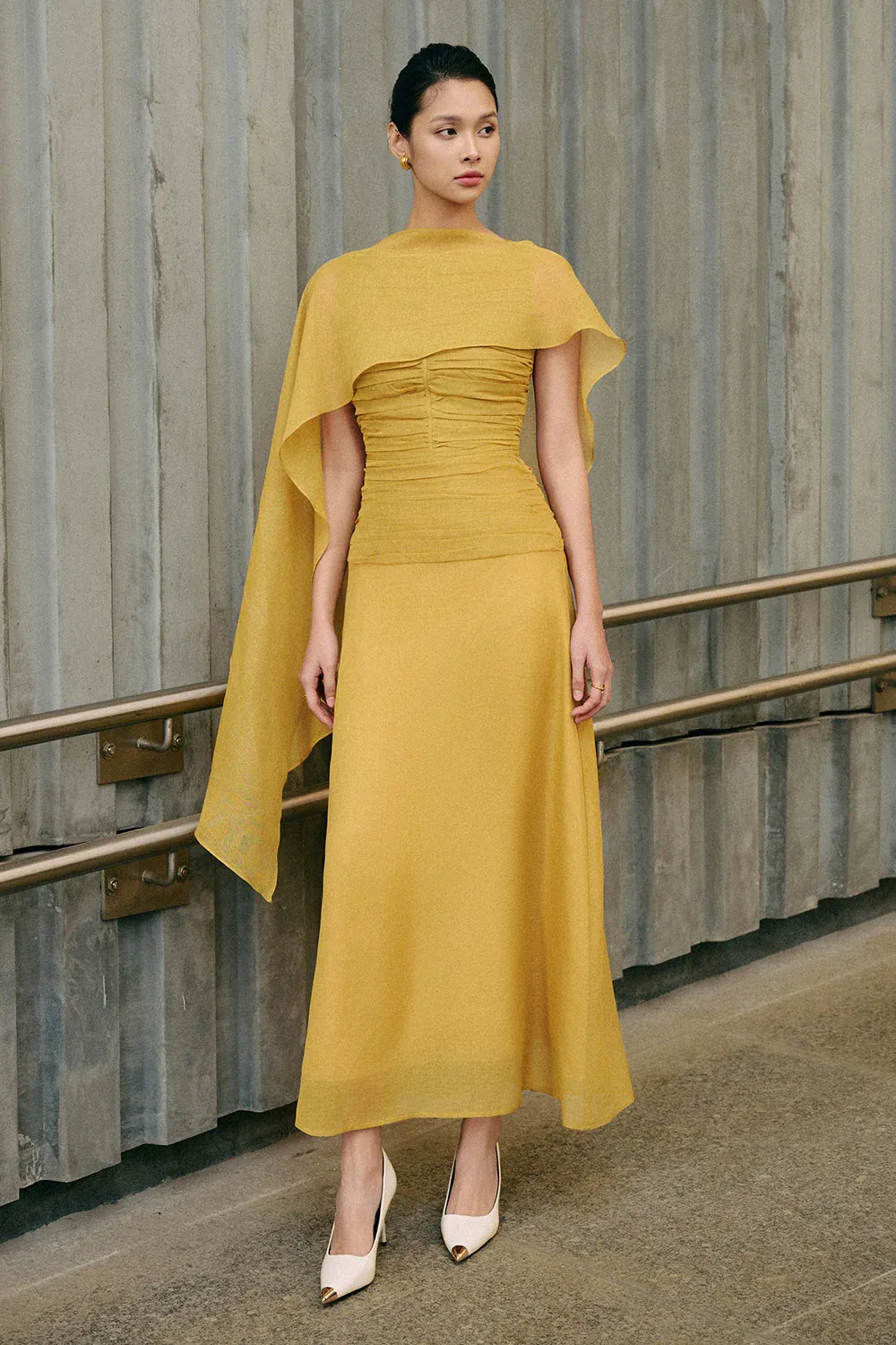 Cora A-line Cape Shoulder Floss Silk Maxi Dress