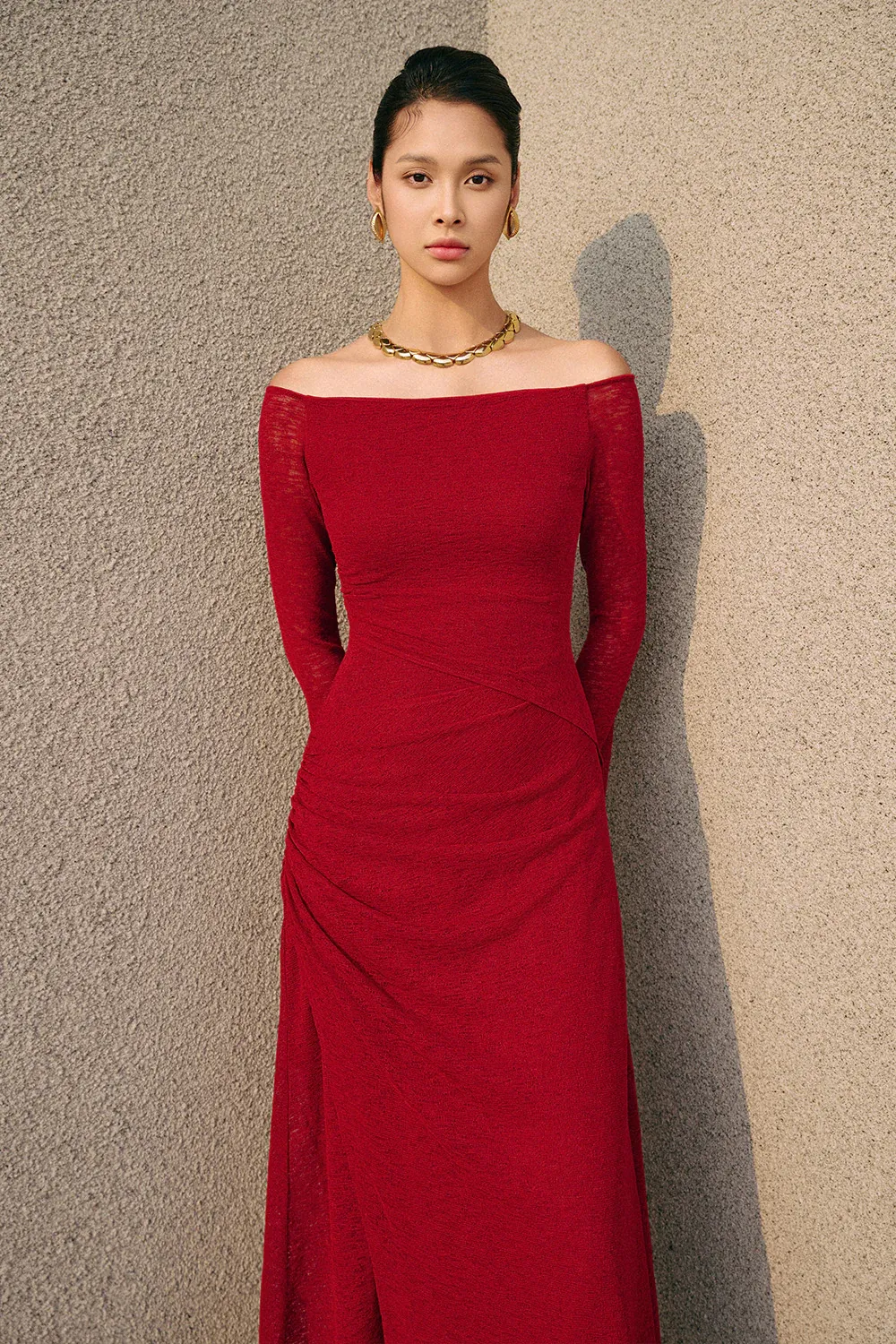 Blossom A-line Off-Shoulder Spandex Midi Dress