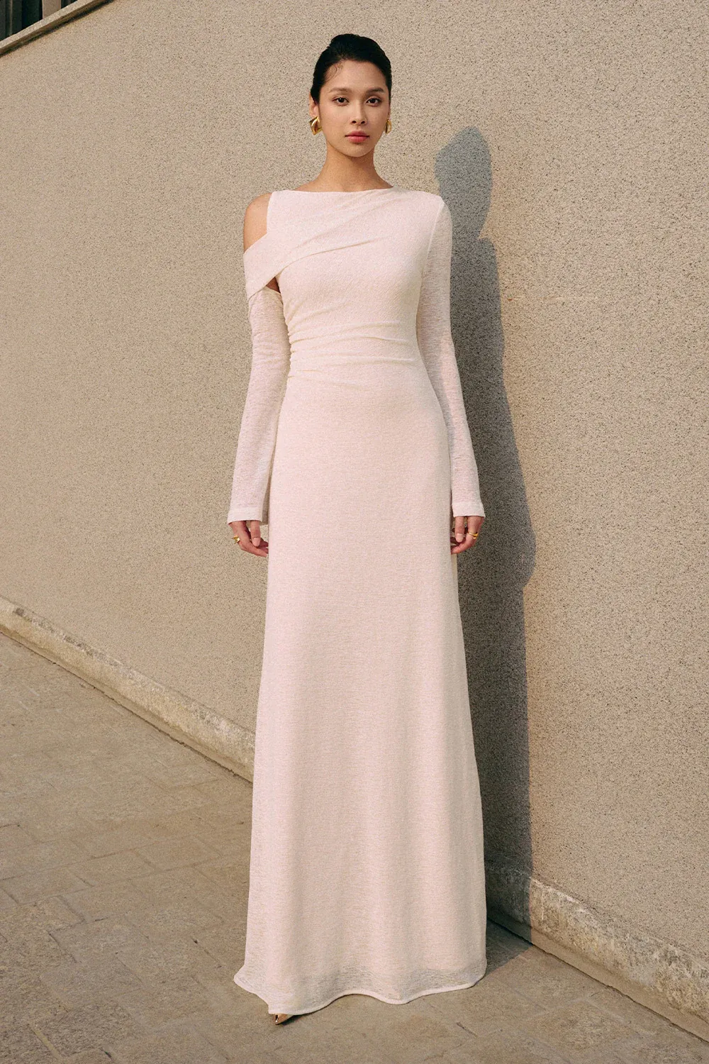 Anya A-line Asymmetric Sleeved Spandex Floor Length Dress