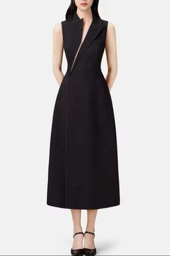 asymmetric collar blazer midi dress in black