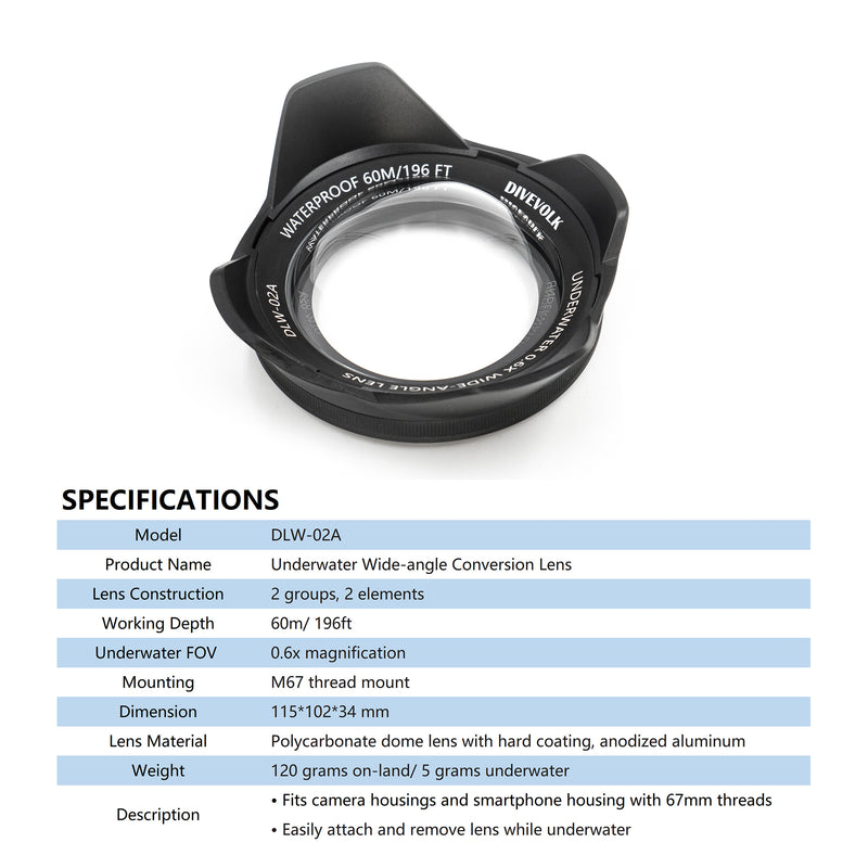 Underwater Wide-angle Conversion Lens X0.6 for DIVEVOLK Housing and Compact Camera Houisng