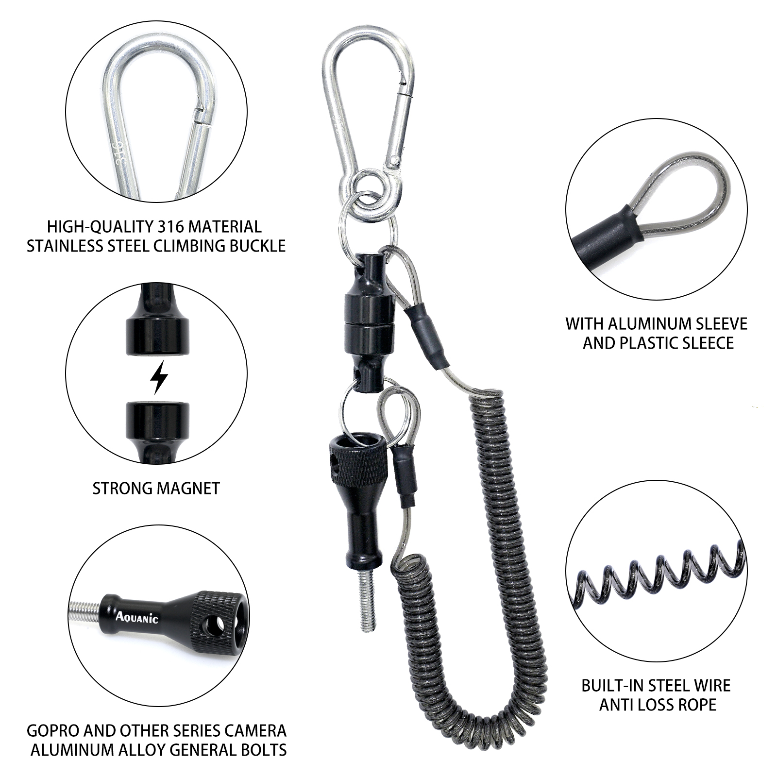 Aquanic UltraMagnetic Carabiner Keychain - Retractable Lanyard for Insta360/GoPro/DJI, Aluminum Thumbscrews, Quick Release-nitescuba
