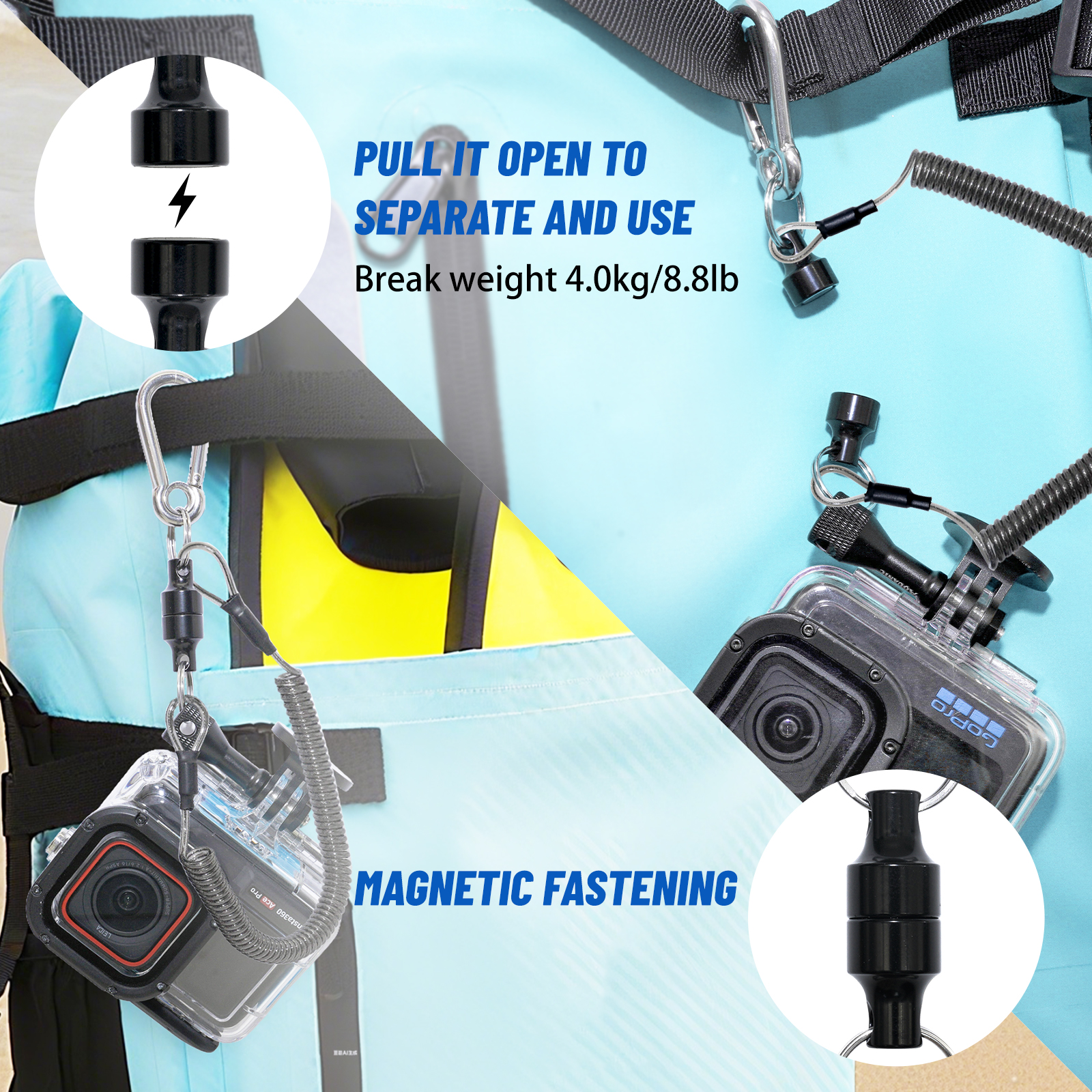 Aquanic UltraMagnetic Carabiner Keychain - Retractable Lanyard for Insta360/GoPro/DJI, Aluminum Thumbscrews, Quick Release-nitescuba