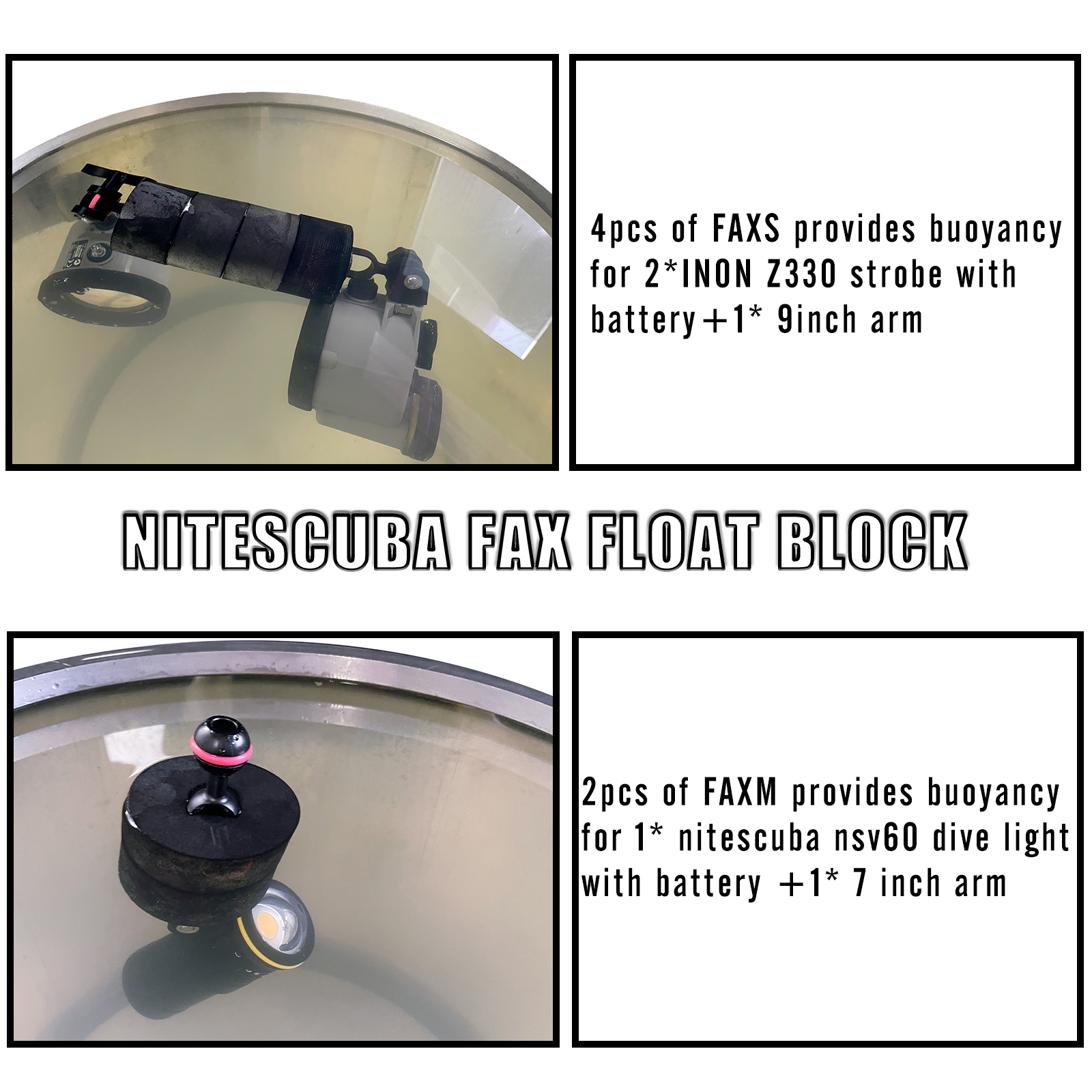 NiteScuba FAXS/FAXM float block Suitable for diving light arm helps to reduce the weight of diving equipment-nitescuba
