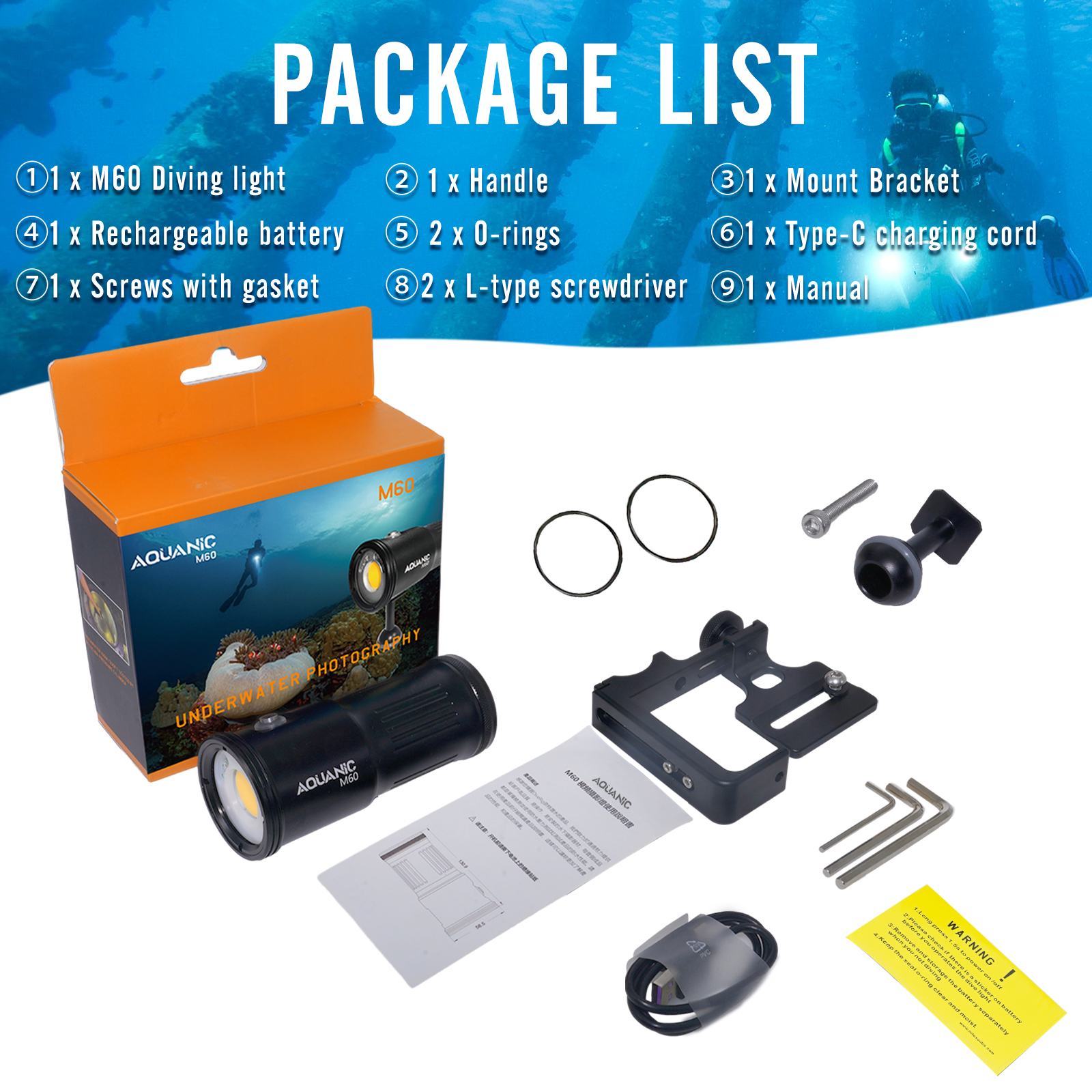 Aquanic M60 dive video light 6000lumen